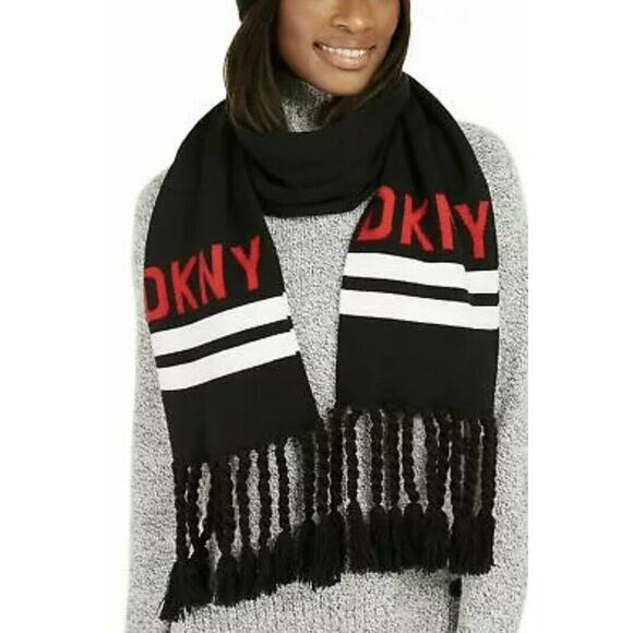 DKNY NEW Logo Stadium Scarf Tassel Fringe Black White Red Winter 68" x 8" WINTER - Picture 1 of 7